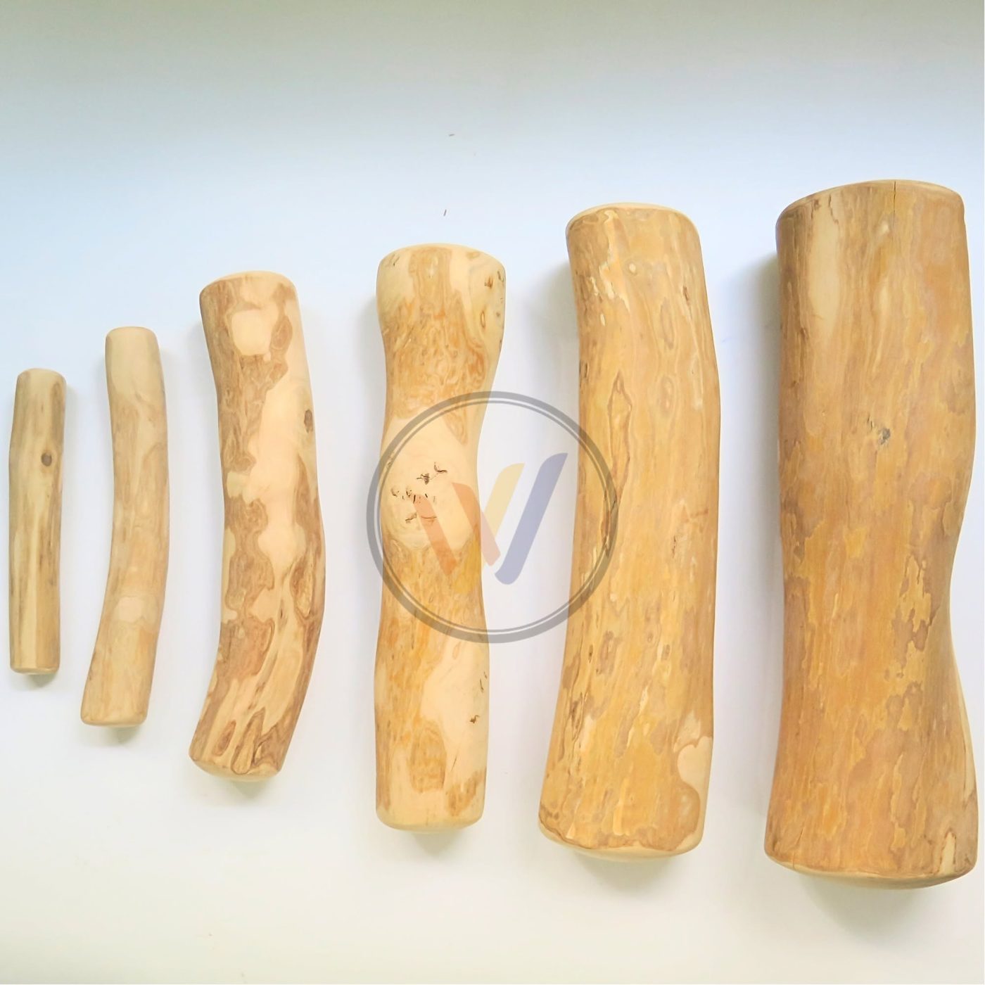 Coffee wood dog chews in sizes from XS to XXL side by side
