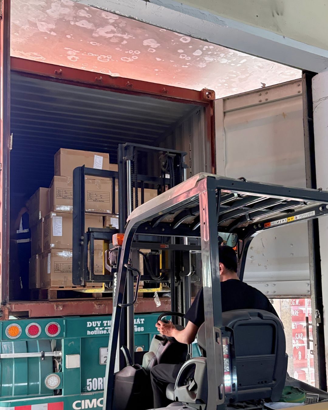 Cartons of coffee wood dog chews being loaded into a shipping container in Vietnam