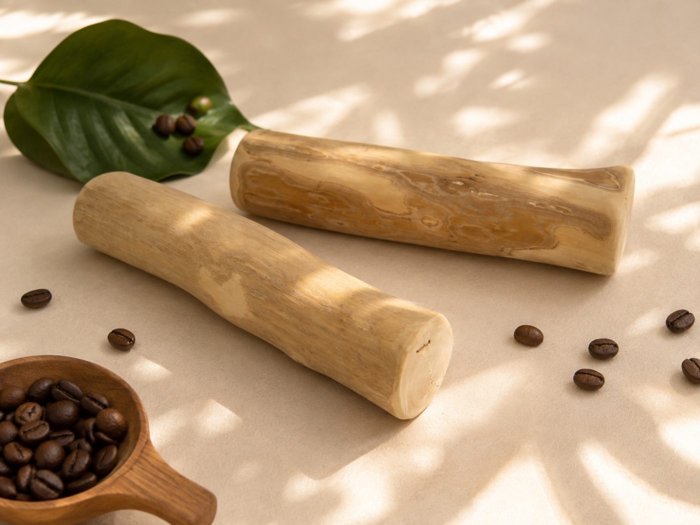 Natural coffee wood dog chews styled with coffee beans for a private label brand