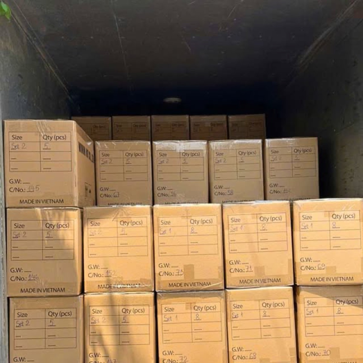Palletised export cartons staged for shipment to Amazon FBA